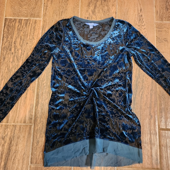 Simply Vera XS burnout semi sheer teal blue velvet long sleeve Top - Picture 8 of 12